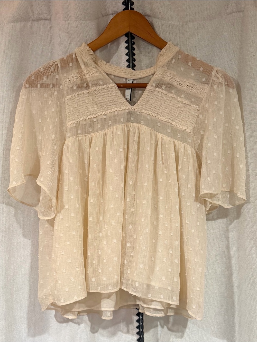 Zara TRF Collection Beige Swiss Dot Sheer Blouse Top Boho Smocked Size S